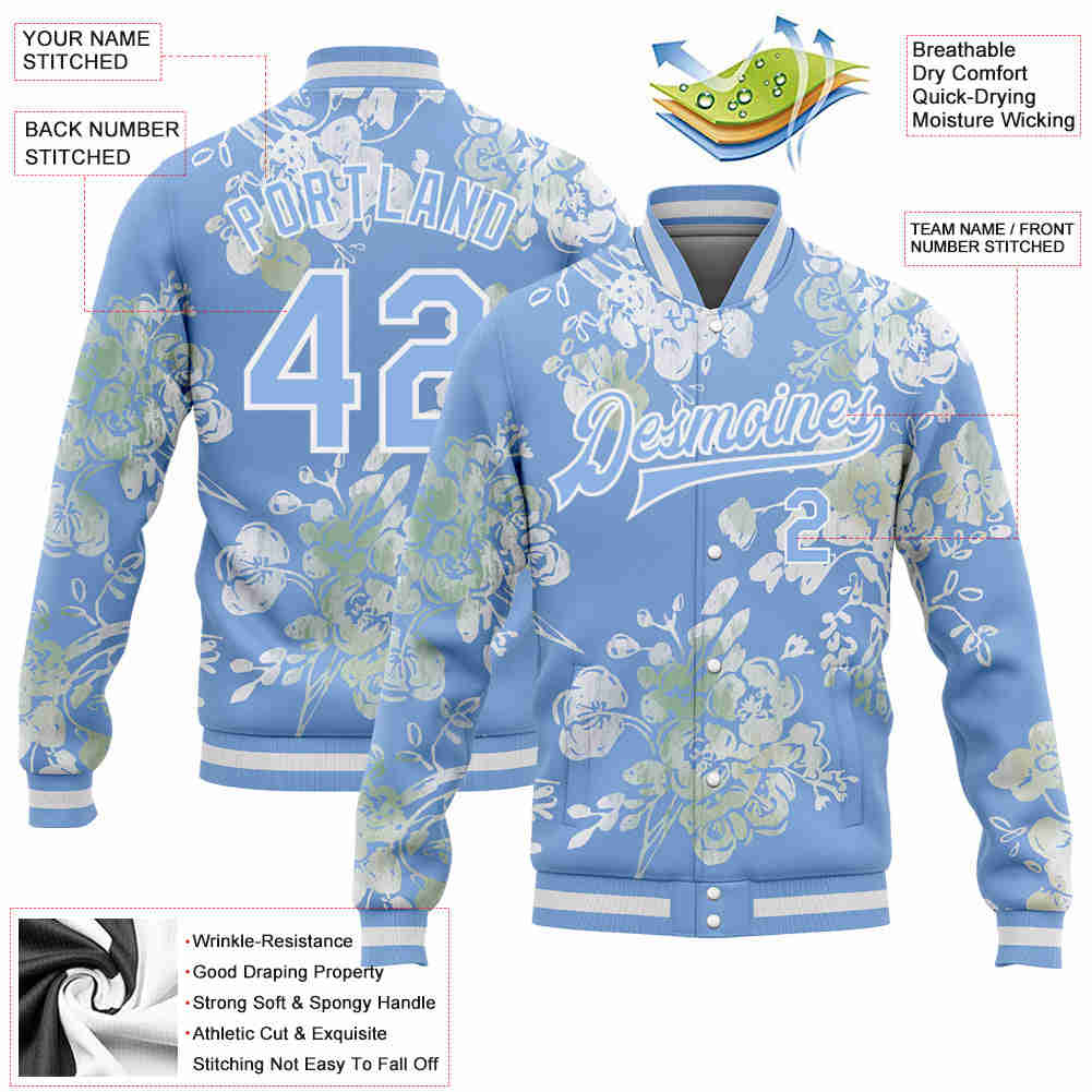 Custom Light Blue White Plant And Flower 3D Pattern Bomber Jacket