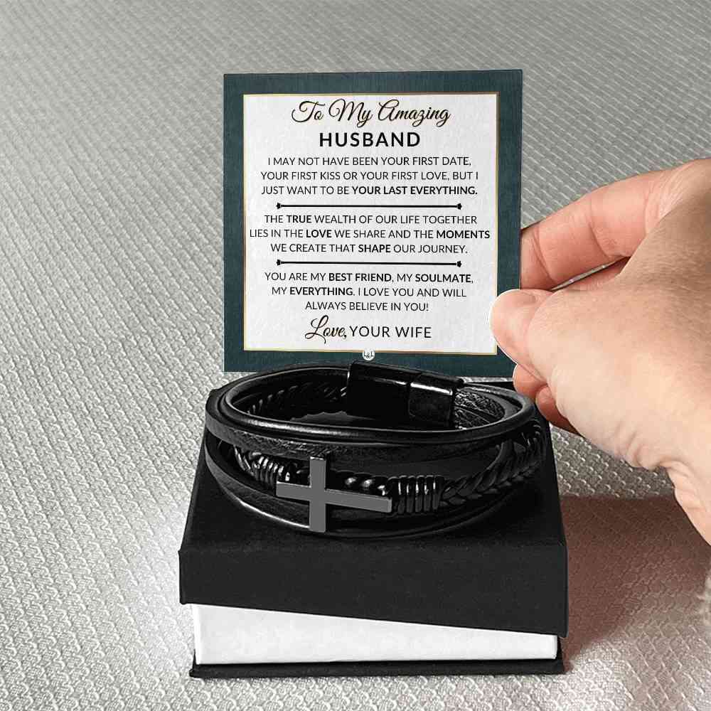 Unique Mens Braided Leather Bracelet with Cross - Perfect Gift for Husband