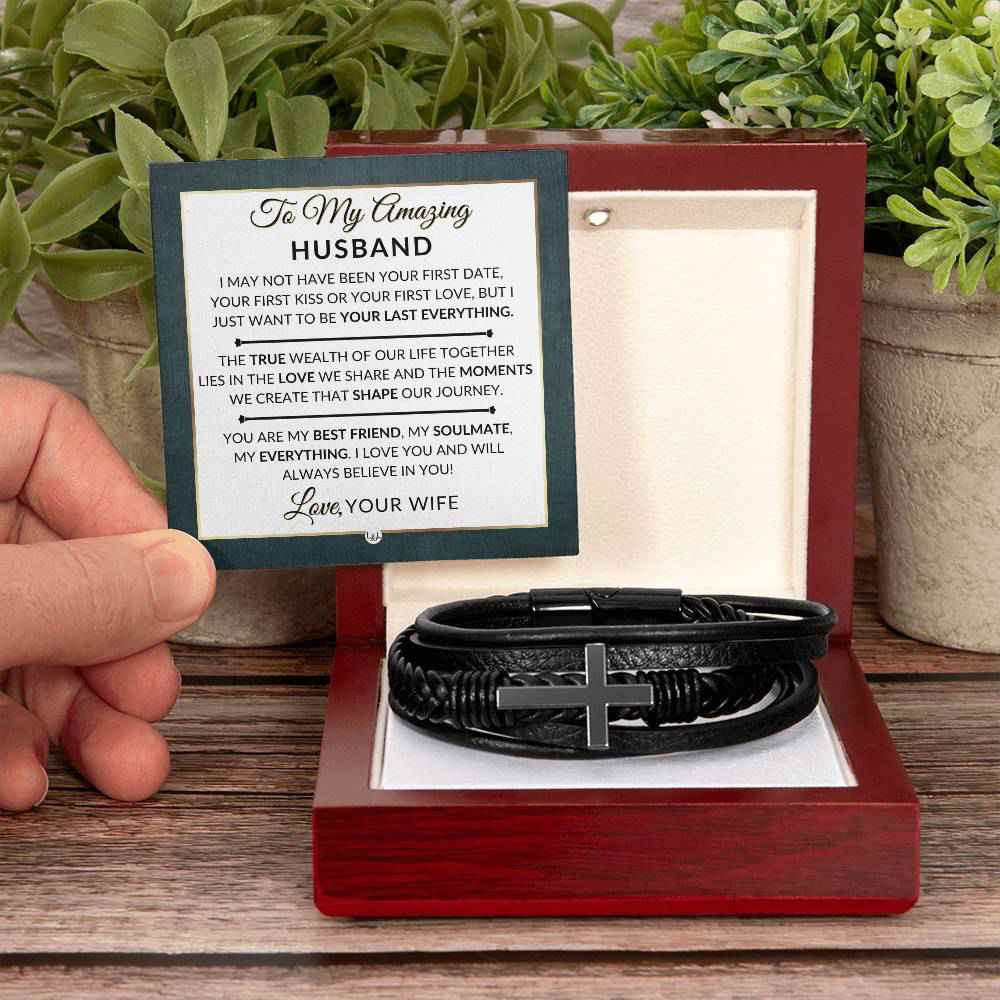 Unique Mens Braided Leather Bracelet with Cross - Perfect Gift for Husband
