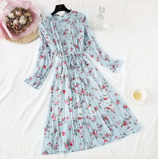 Elegant Polka Dot Women Dress - Vintage A-Line Chiffon Dress with Flare Sleeves