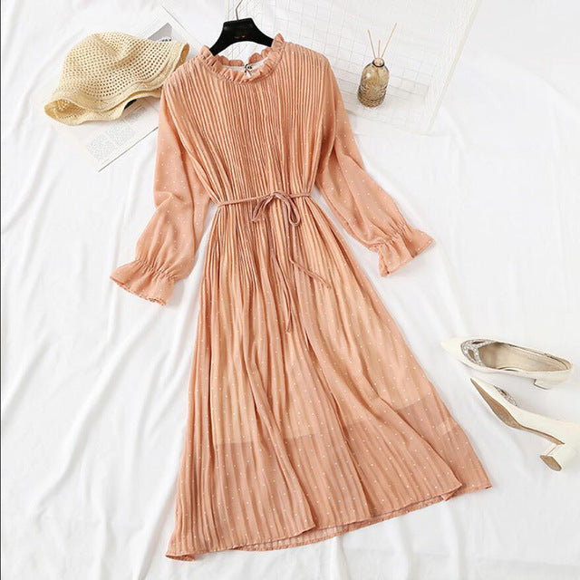 Elegant Polka Dot Women Dress - Vintage A-Line Chiffon Dress with Flare Sleeves