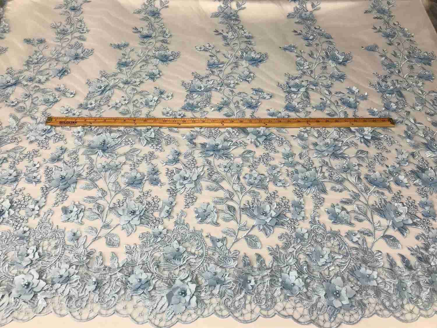 Baby Blue 3D Floral Embroidered Mesh Lace with Pearls