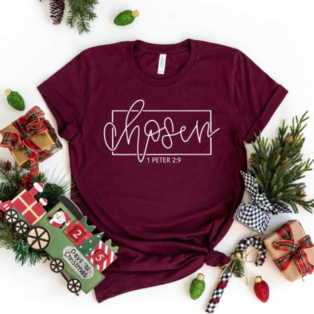 CHOSEN 1 Peter 2:9 Women's Faith-Based Premium Burgundy Red T-Shirt