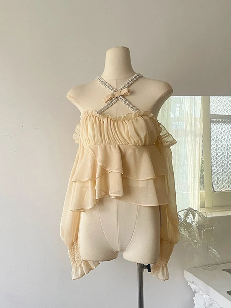 Fashion Yellow Casual Blouses with Butterfly Sleeve and Bow for Summer