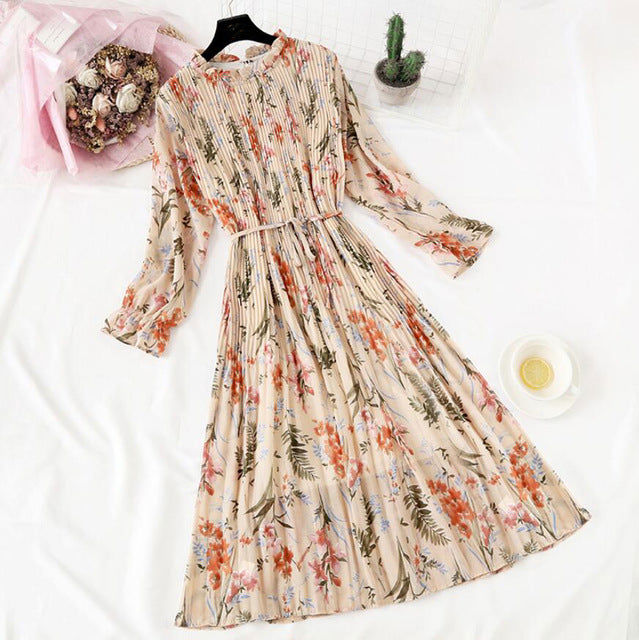 Elegant Polka Dot Women Dress - Vintage A-Line Chiffon Dress with Flare Sleeves