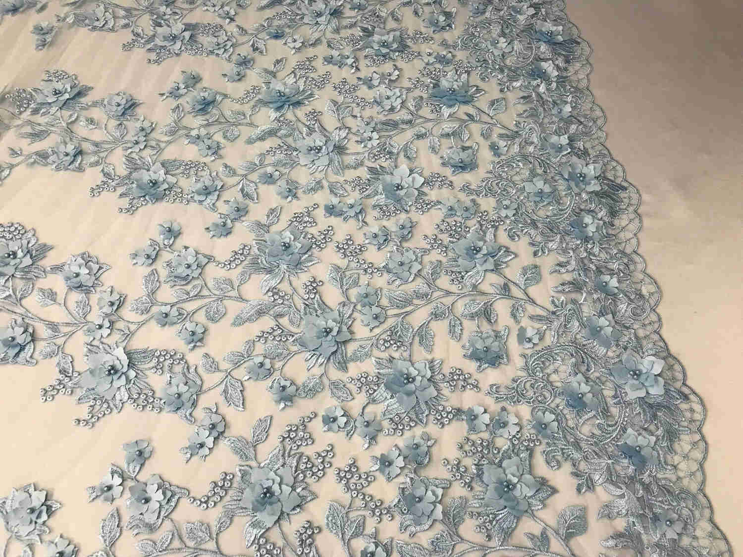 Baby Blue 3D Floral Embroidered Mesh Lace with Pearls