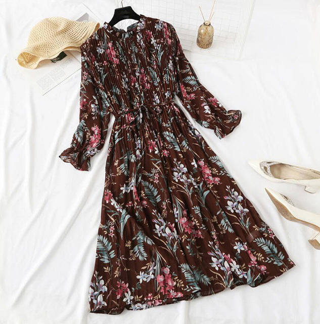 Elegant Polka Dot Women Dress - Vintage A-Line Chiffon Dress with Flare Sleeves