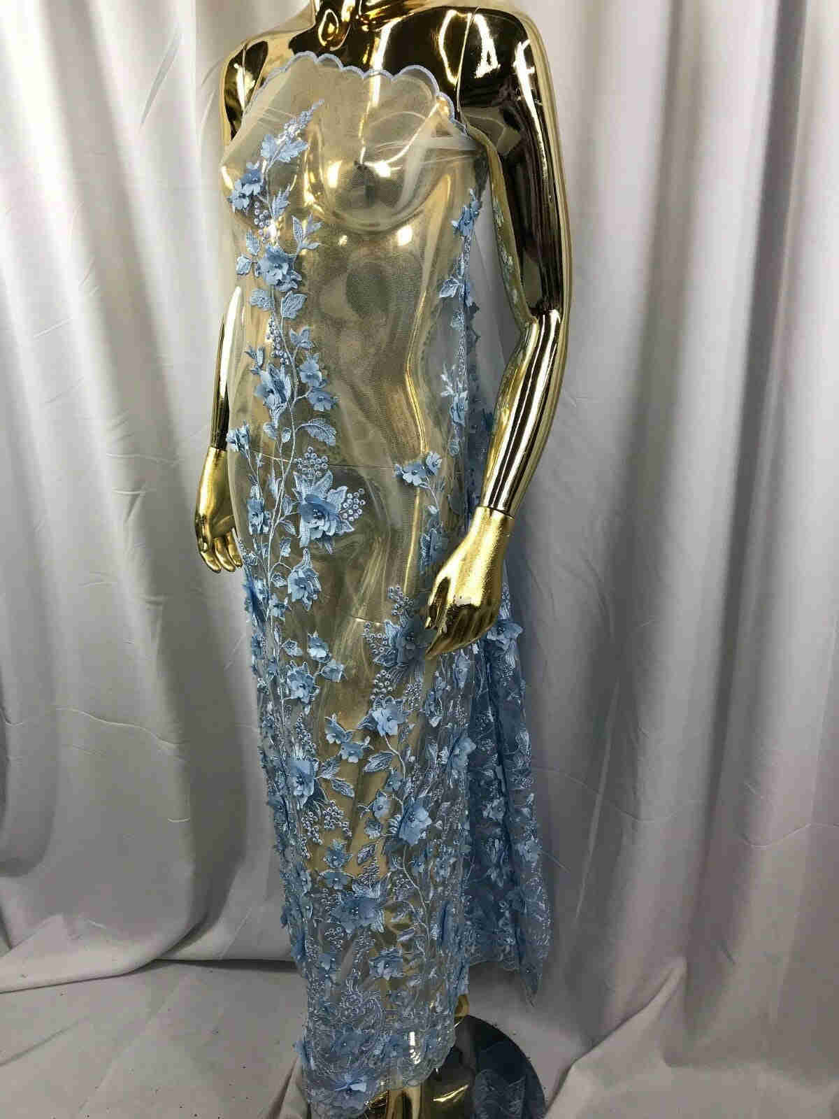 Baby Blue 3D Floral Embroidered Mesh Lace with Pearls