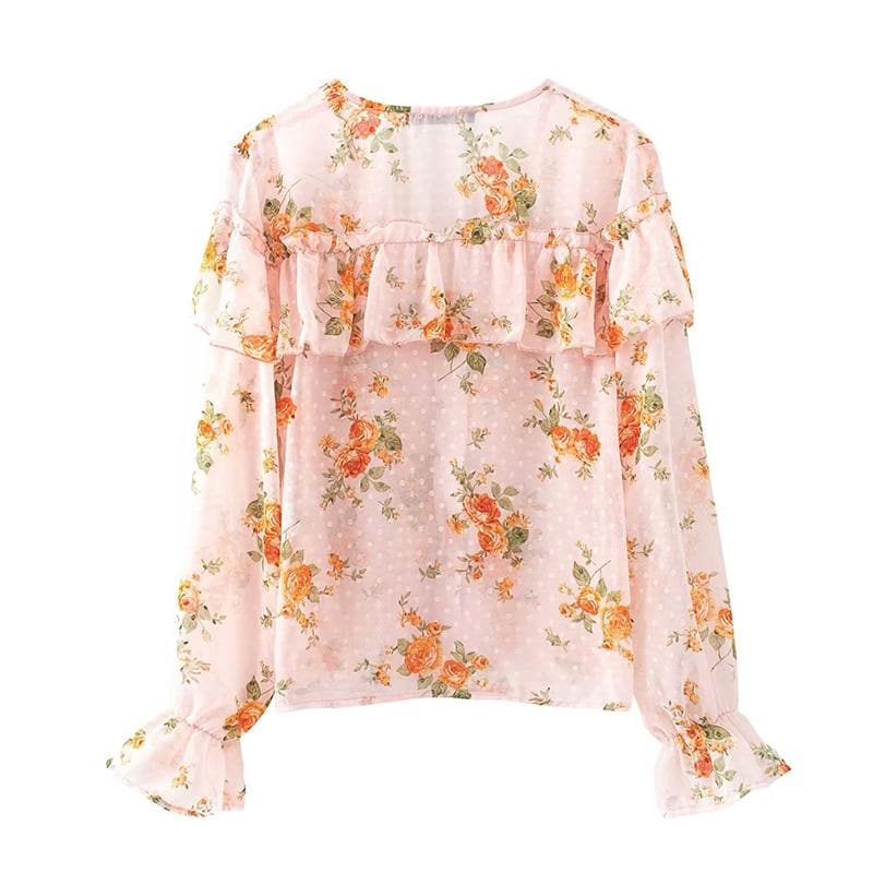 Fashion Ruffled Chiffon Blouse for Women - Floral Print & Comfortable Fit