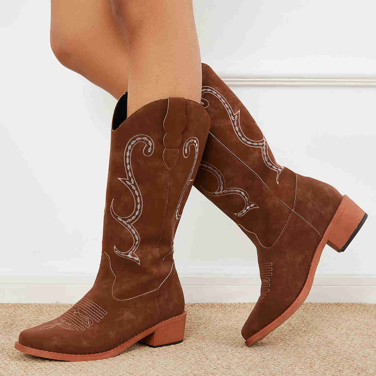 Wide Calf Embroidered Western Boots - Low Heel Knee High Riding Boots for Women