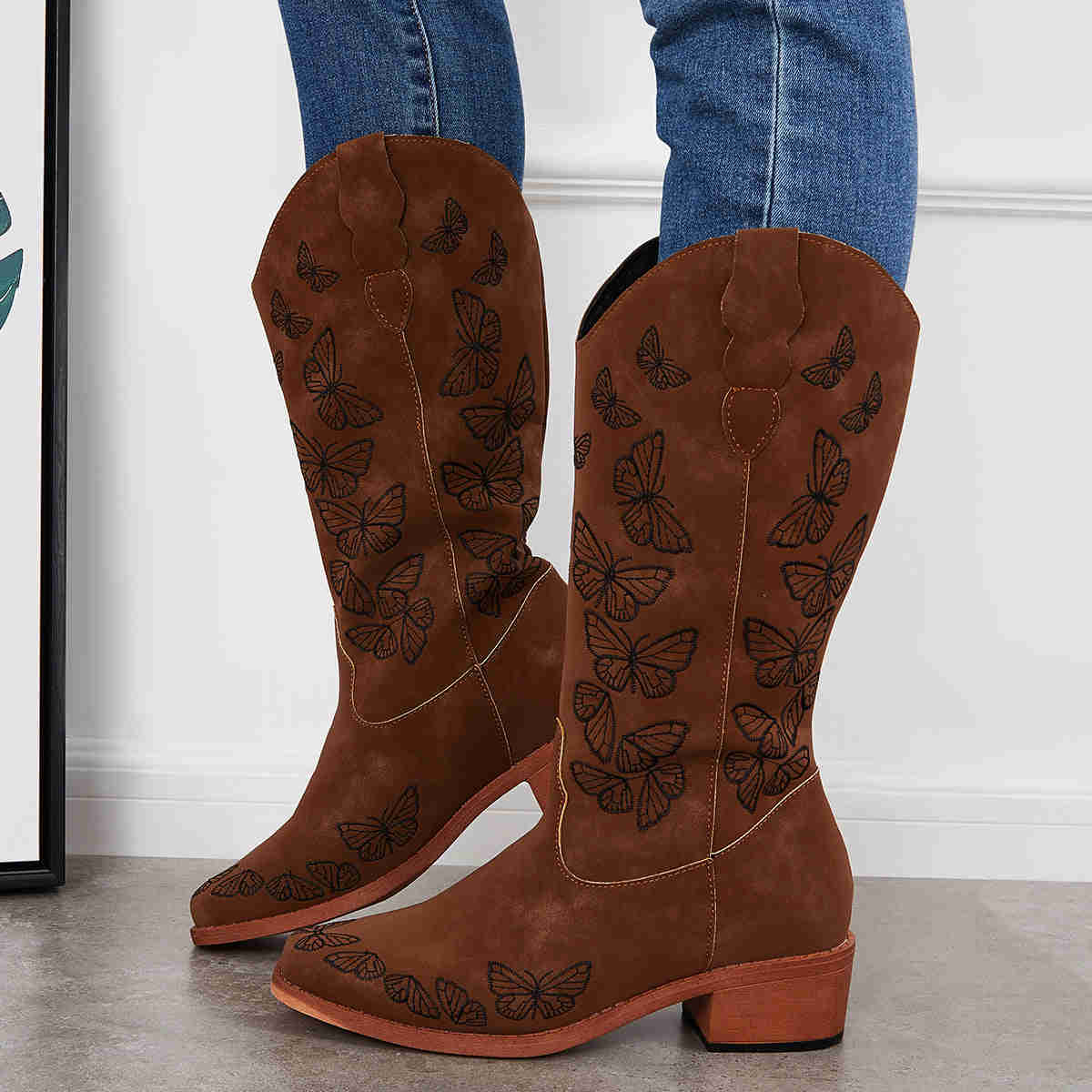 Wide Calf Embroidered Western Boots - Low Heel Knee High Riding Boots for Women
