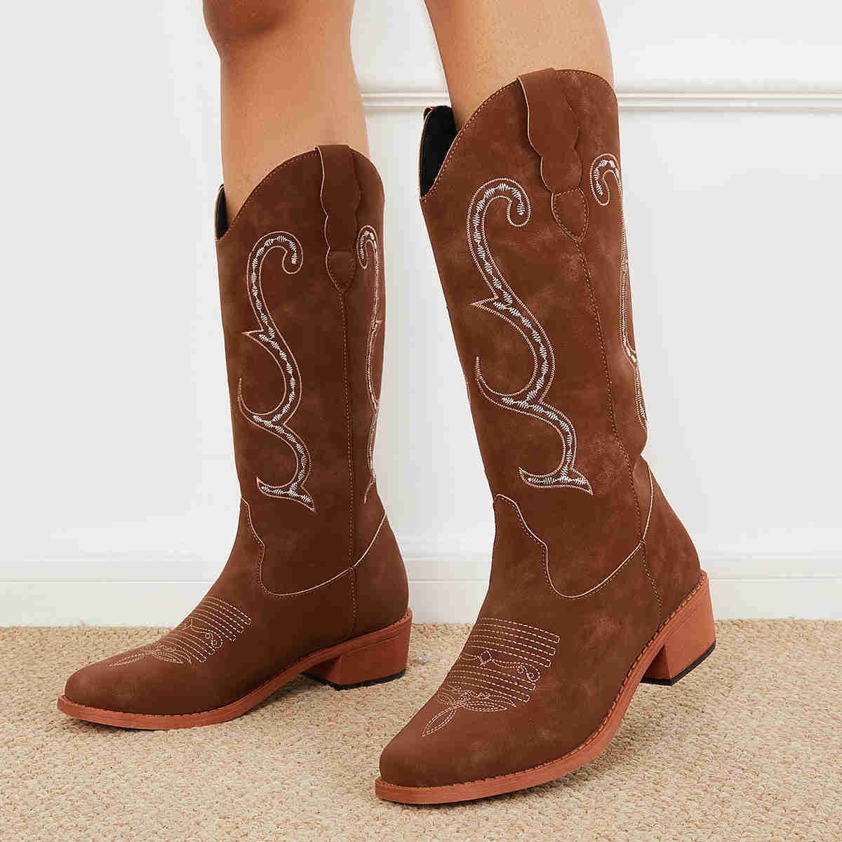 Wide Calf Embroidered Western Boots - Low Heel Knee High Riding Boots for Women