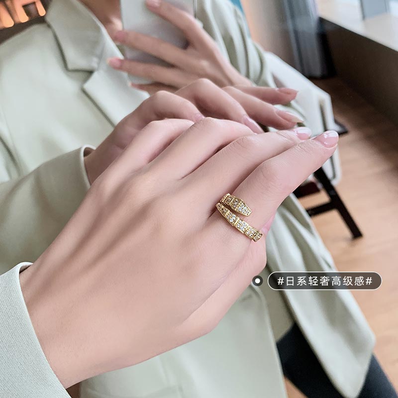 Exquisite Copper Inlaid Zircon Bamboo Snake Ring for Women - Adjustable Prom Party Ring