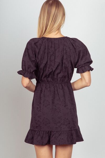 Textured Woven Ruffled Mini Dress in Black