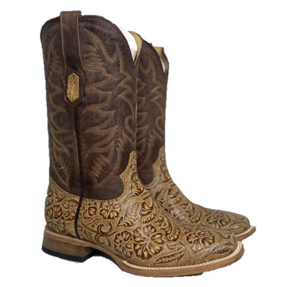 Cowtown® Mens Oryx Hand Floral Tooled Brown Square Toe Boots Q6152