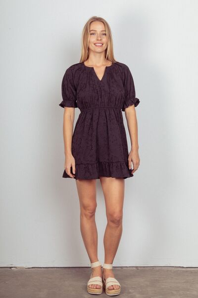 Textured Woven Ruffled Mini Dress in Black