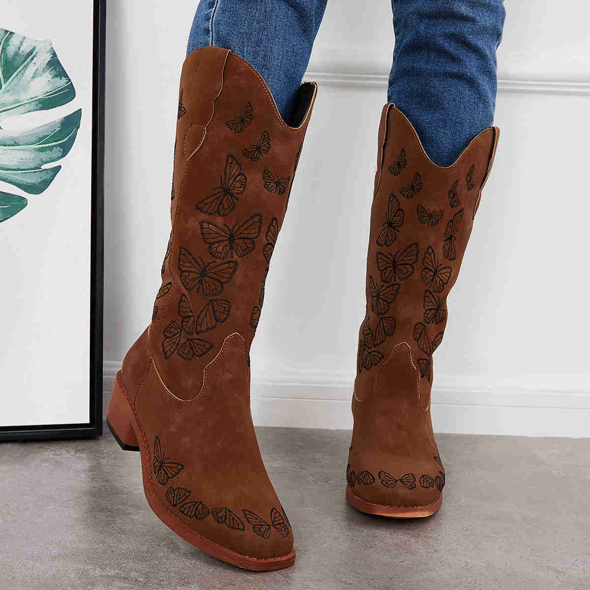 Wide Calf Embroidered Western Boots - Low Heel Knee High Riding Boots for Women
