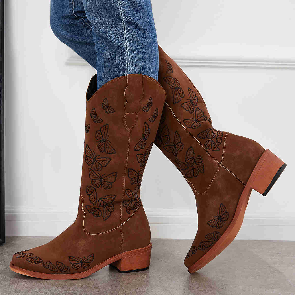 Wide Calf Embroidered Western Boots - Low Heel Knee High Riding Boots for Women