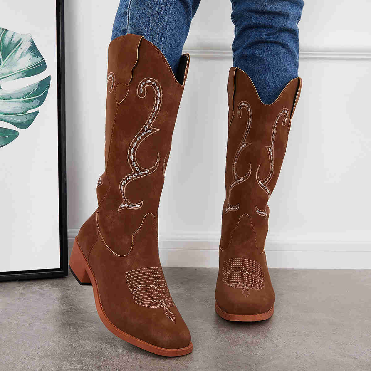 Wide Calf Embroidered Western Boots - Low Heel Knee High Riding Boots for Women