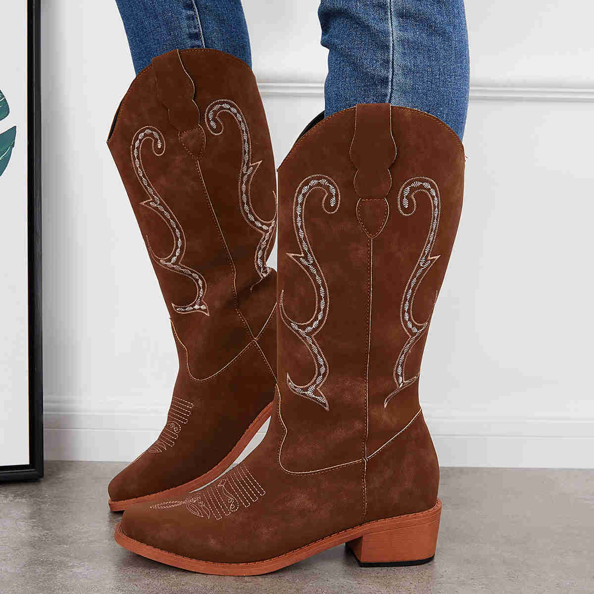 Wide Calf Embroidered Western Boots - Low Heel Knee High Riding Boots for Women