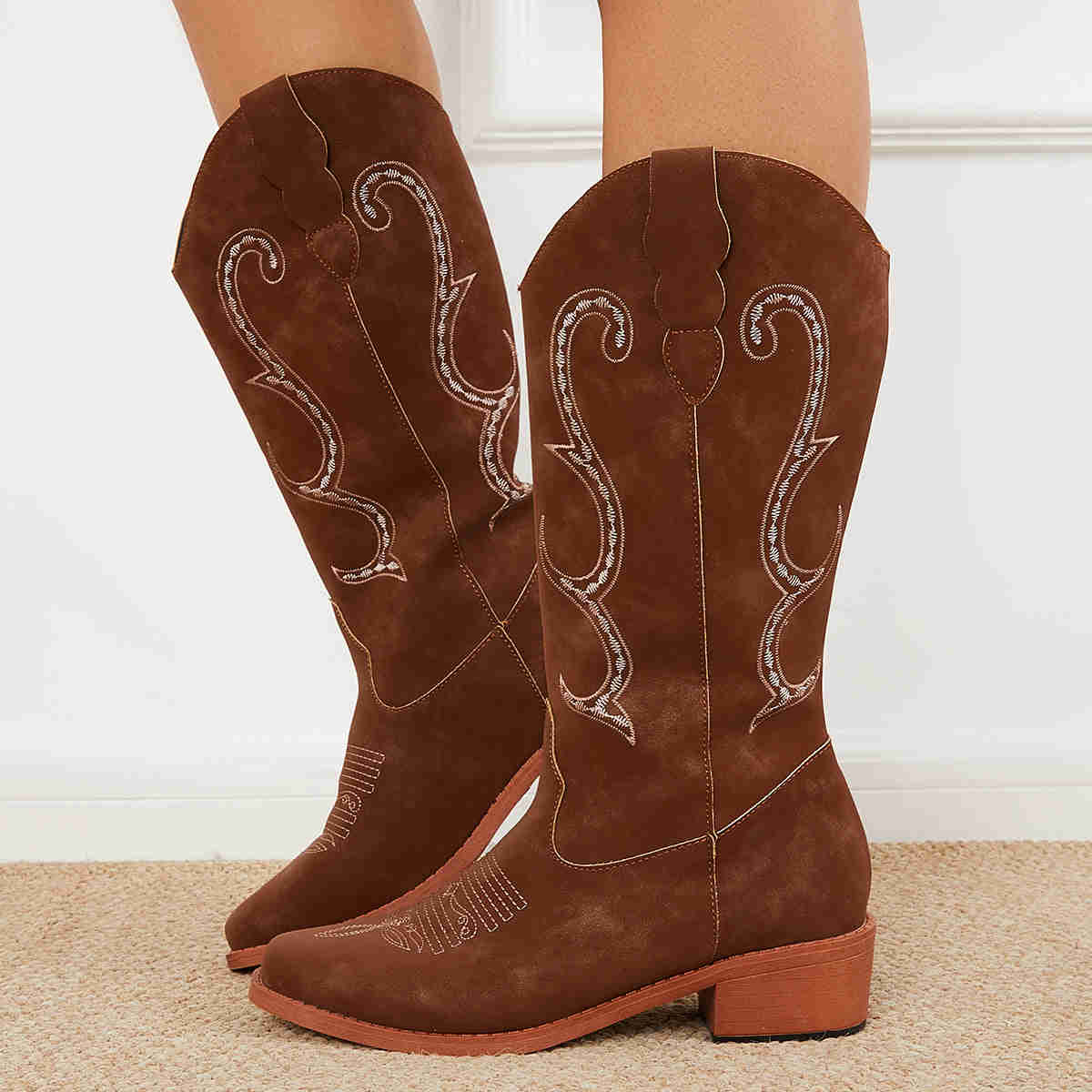 Wide Calf Embroidered Western Boots - Low Heel Knee High Riding Boots for Women