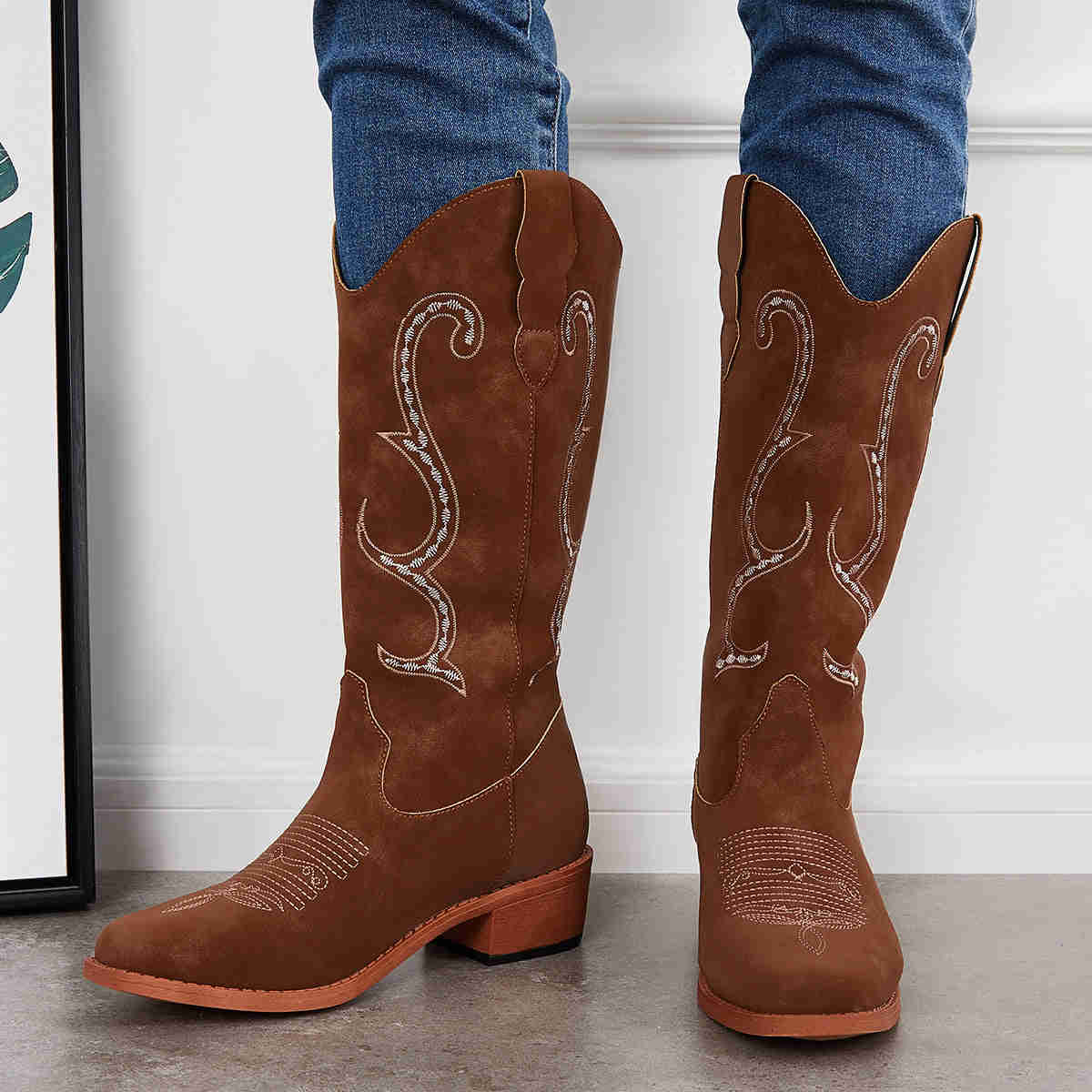 Wide Calf Embroidered Western Boots - Low Heel Knee High Riding Boots for Women