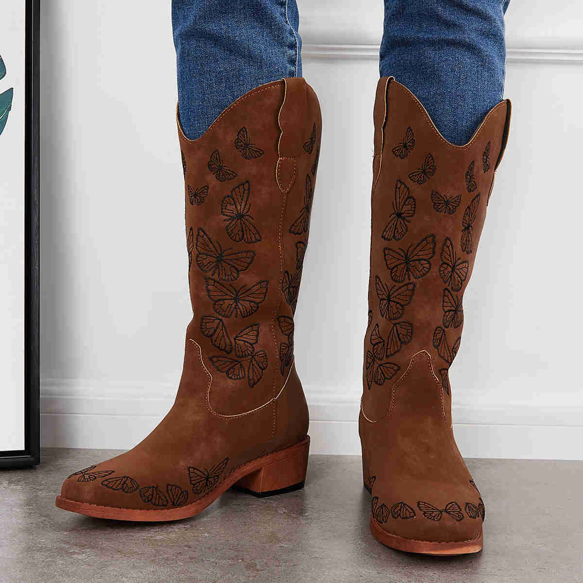 Wide Calf Embroidered Western Boots - Low Heel Knee High Riding Boots for Women