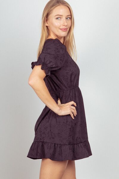 Textured Woven Ruffled Mini Dress in Black