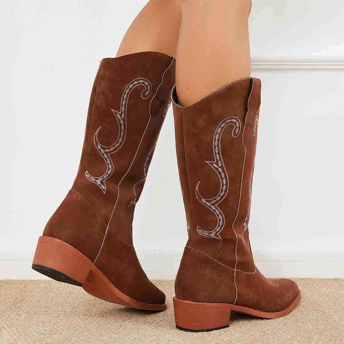 Wide Calf Embroidered Western Boots - Low Heel Knee High Riding Boots for Women