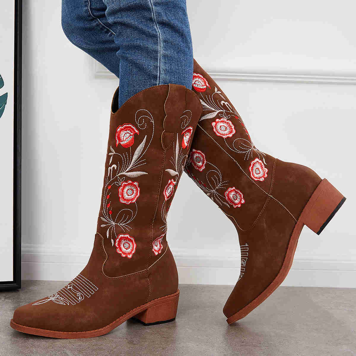 Wide Calf Embroidered Western Boots - Low Heel Knee High Riding Boots for Women
