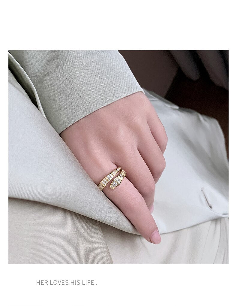 Exquisite Copper Inlaid Zircon Bamboo Snake Ring for Women - Adjustable Prom Party Ring
