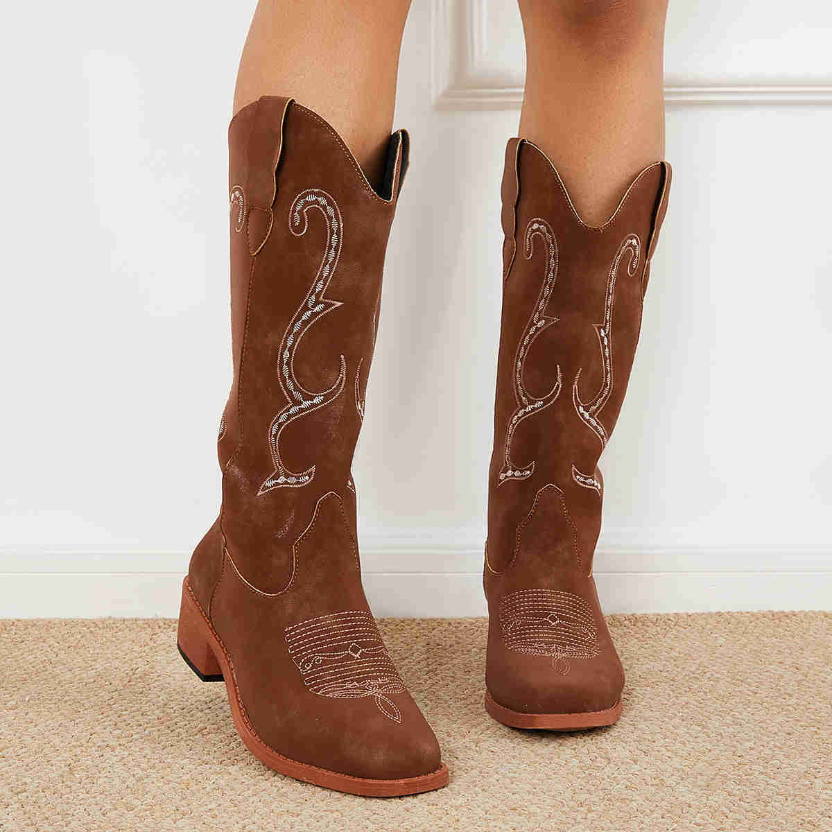 Wide Calf Embroidered Western Boots - Low Heel Knee High Riding Boots for Women
