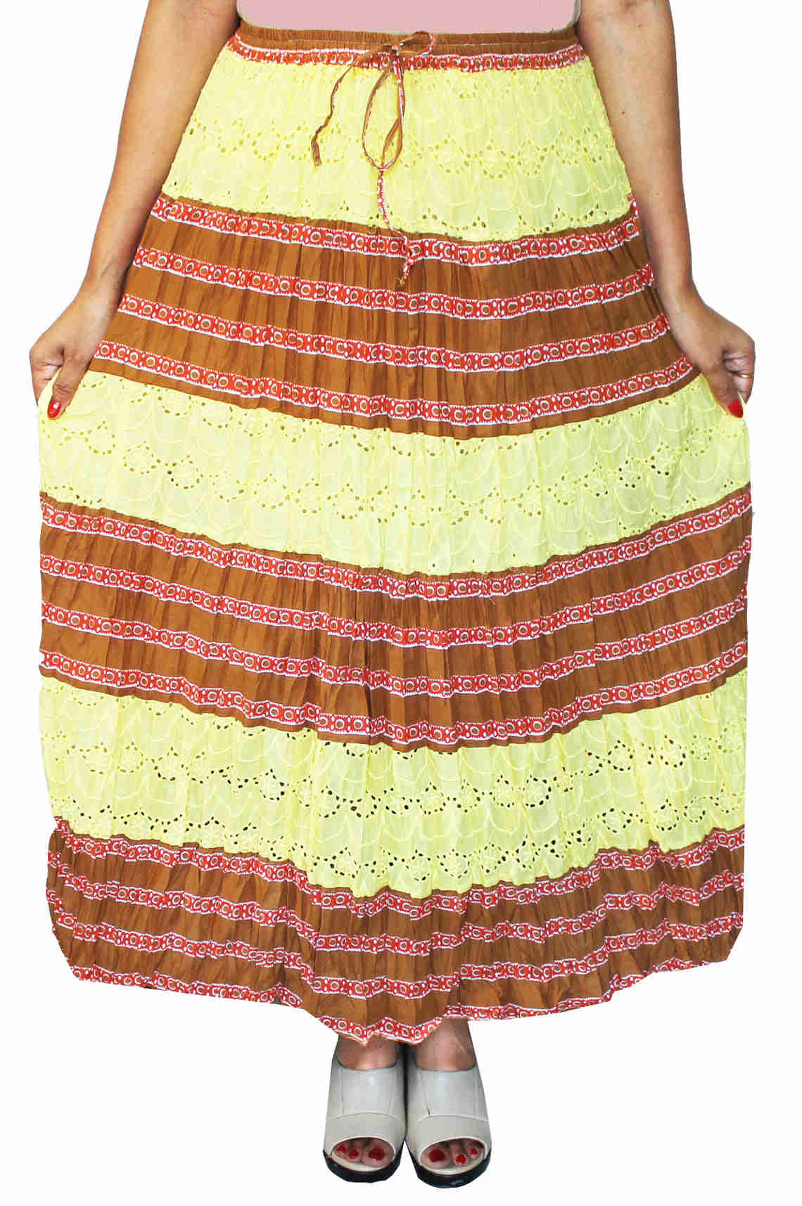 Elegant Cotton Printed Long Skirt for Women with Embroidery (Yellow)