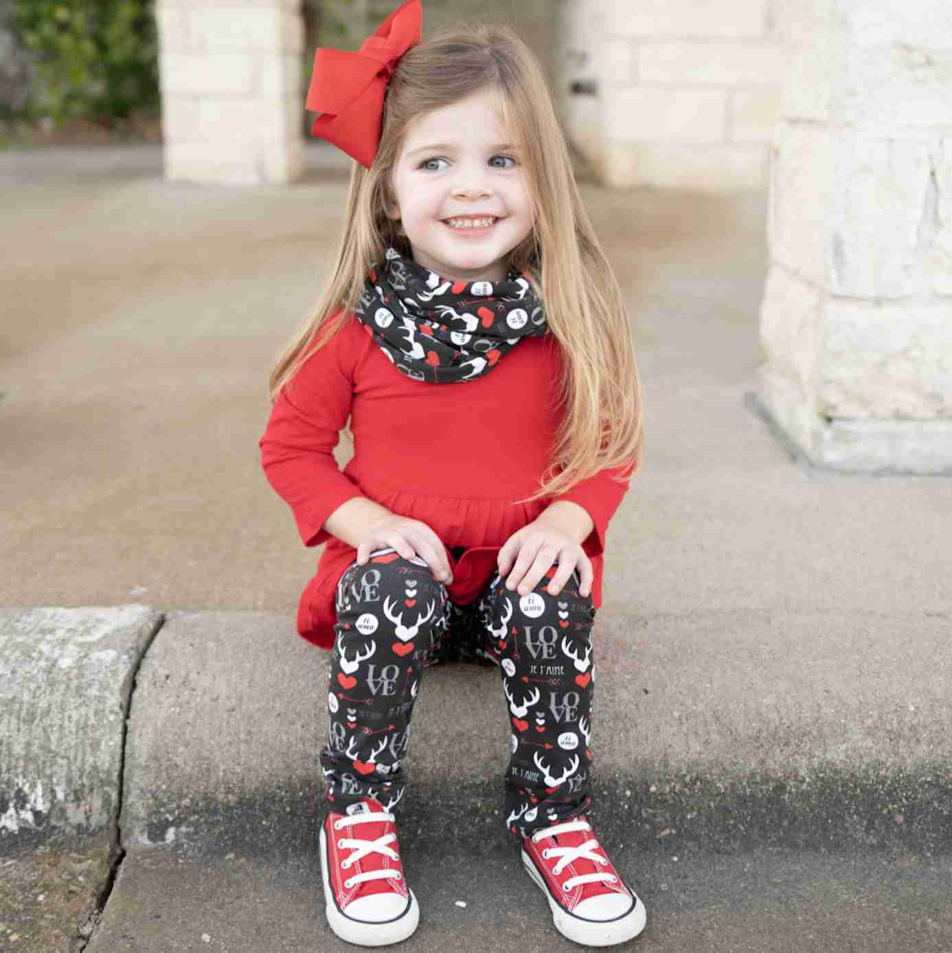 Girls Valentines Day LOVE Red Long Sleeve Tunic Leggings & Scarf Clothing Set