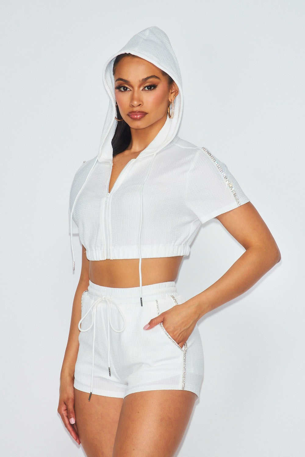 Rhinestone Detailed Zip-Up Hoodie and Shorts Set