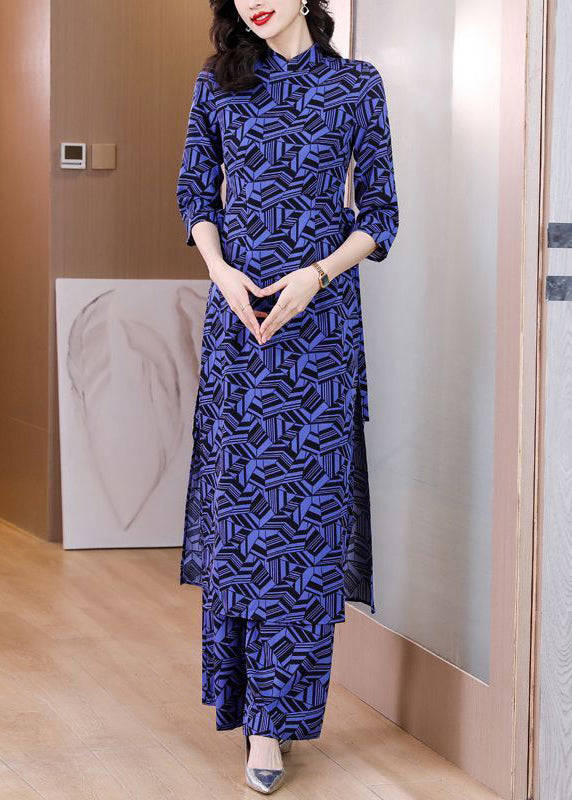 Italian Navy Print Side Open Chiffon Two Piece Set for Women