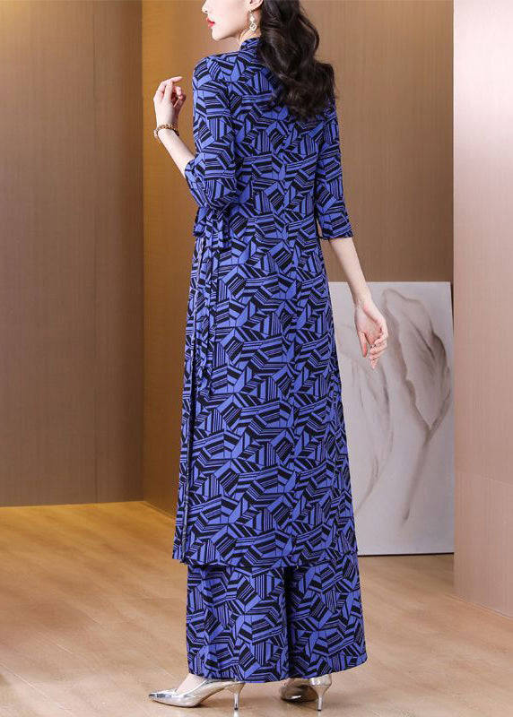Italian Navy Print Side Open Chiffon Two Piece Set for Women