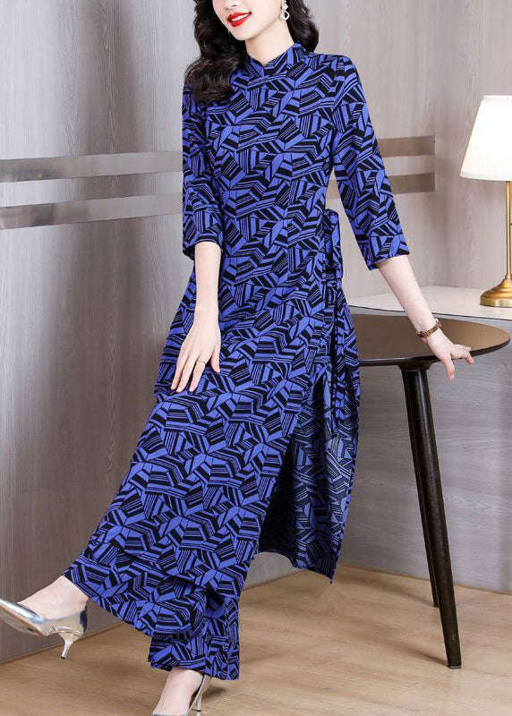 Italian Navy Print Side Open Chiffon Two Piece Set for Women