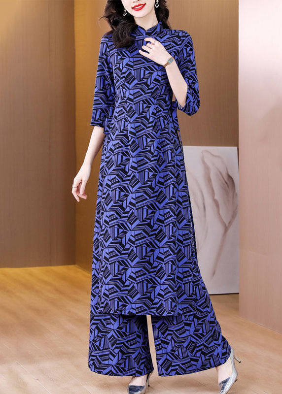 Italian Navy Print Side Open Chiffon Two Piece Set for Women