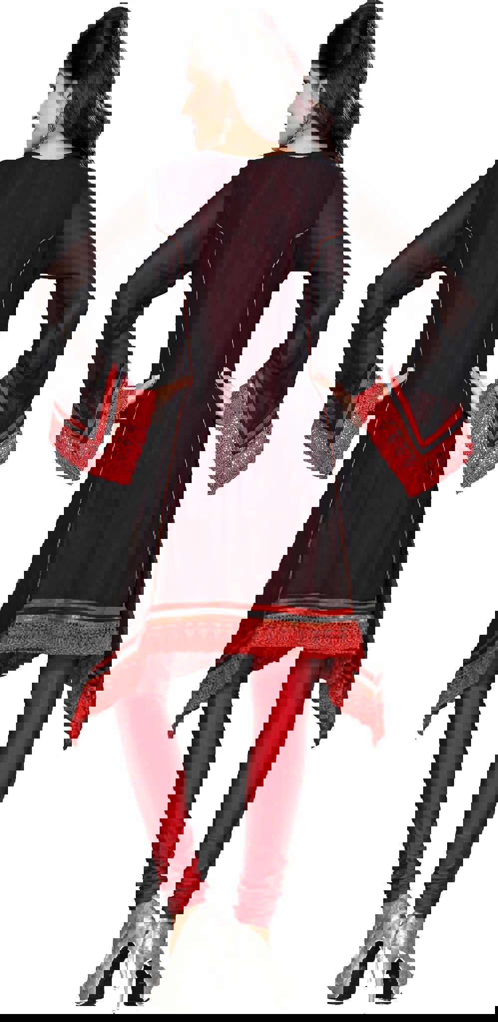 Long India Women's Kurti Hand Sewn Beaded Blouse - Black-Brown