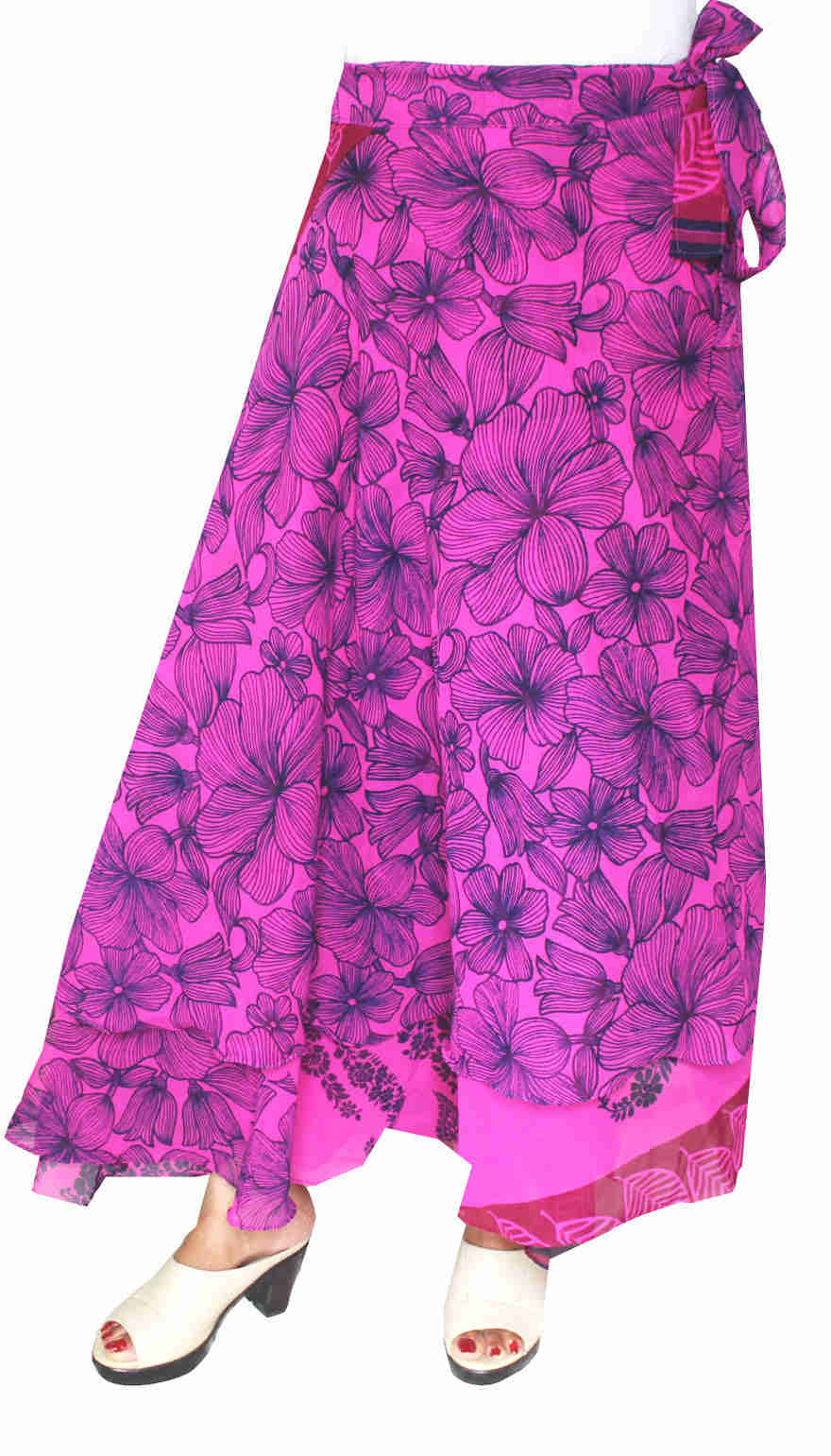 Long Wrap Around Skirt for Women - Indian Rayon Printed Skirt (Magenta)