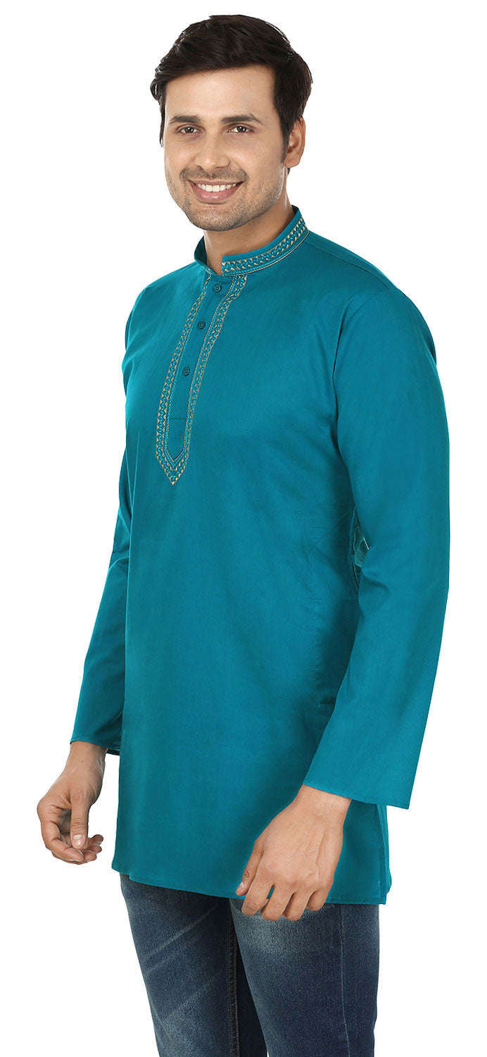 Indian Embroidered Cotton Short Kurta for Men - Blue