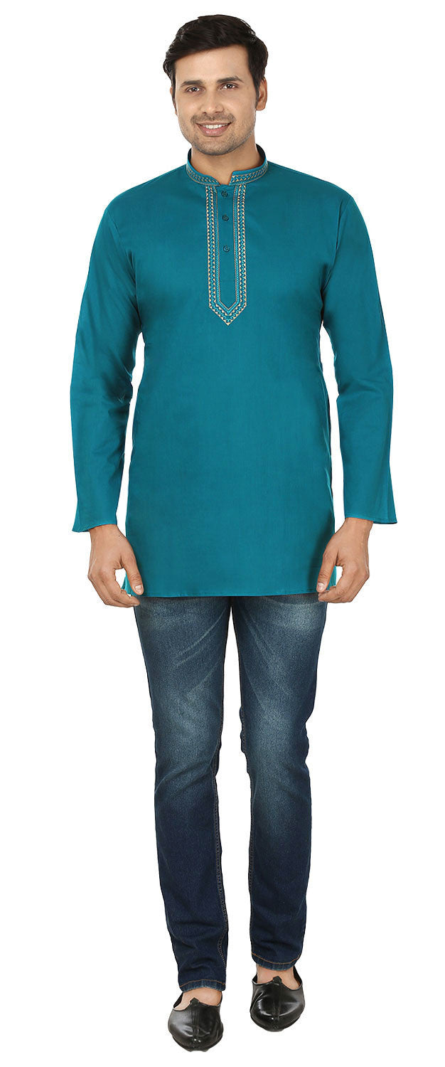 Indian Embroidered Cotton Short Kurta for Men - Blue