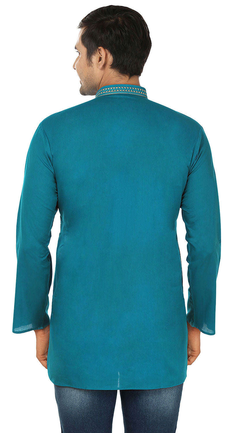 Indian Embroidered Cotton Short Kurta for Men - Blue