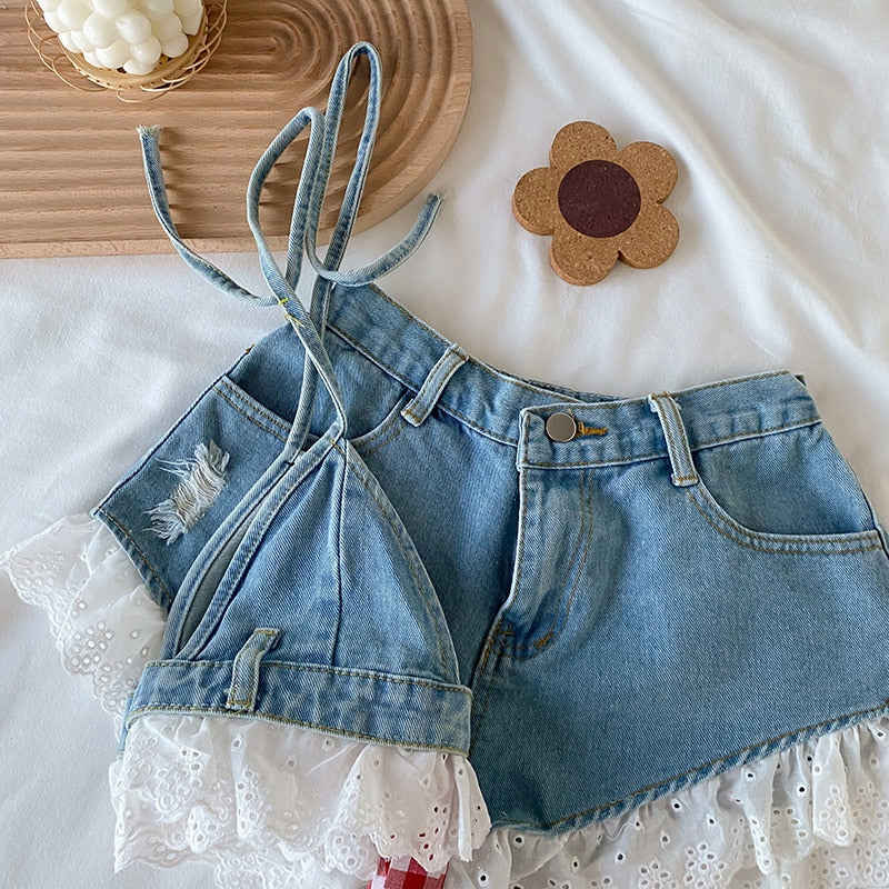 Denim Crop Top + Shorts Summer Clothing Set for Girls Aged 3-16