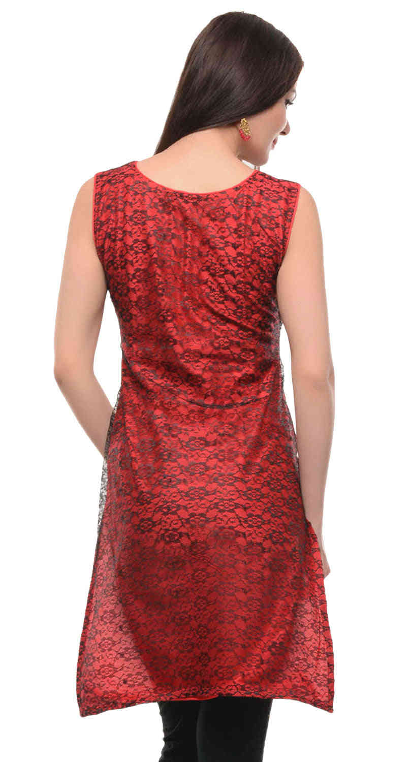 Elegant India Tunic Top Long Kurti for Women - Sleeveless Rayon Indian Clothing (Maroon)