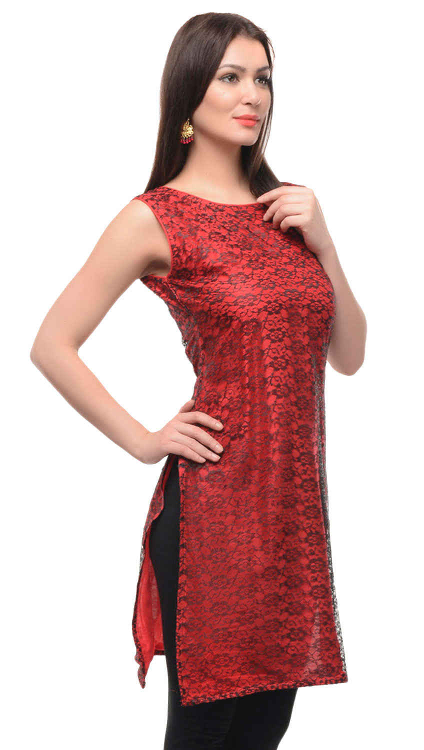 Elegant India Tunic Top Long Kurti for Women - Sleeveless Rayon Indian Clothing (Maroon)