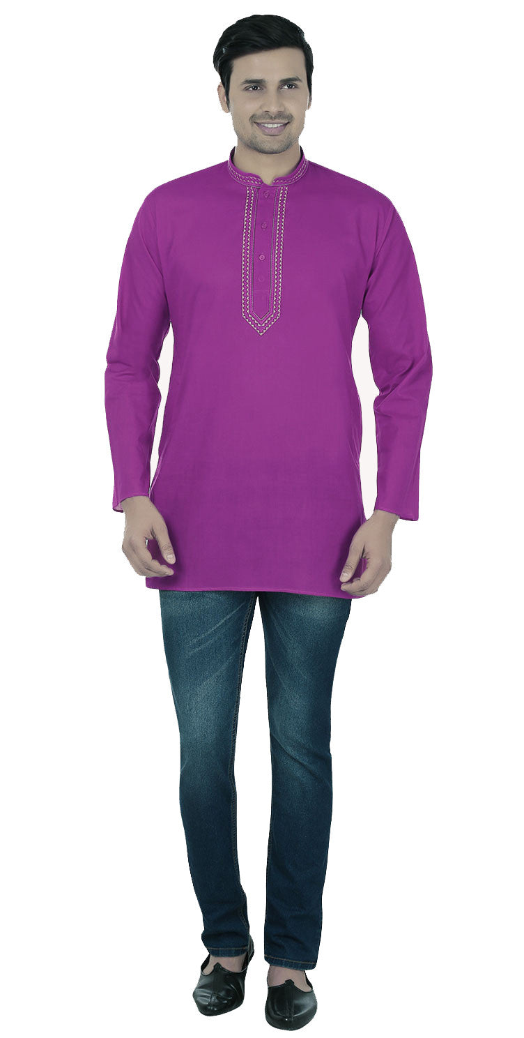 India Cotton Short Kurta Shirt for Men (Purple) - Casual Wear