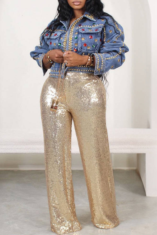 Fashion Trend Solid Color Sequined Flared Trousers