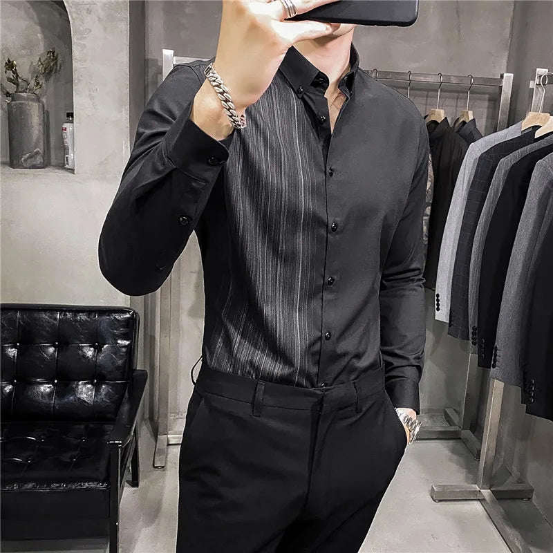 Nukty Men's Slim Fit Long Sleeve Stripe Dress Shirt for Casual & Formal Wear